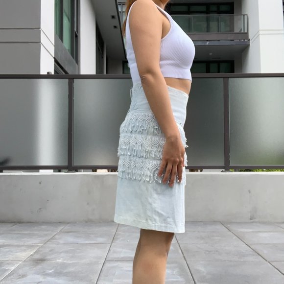 80s Rare Vintage Boho Denim Midi Knee Length Light Blue Jeans Skirt Dangling, M - Picture 3 of 9